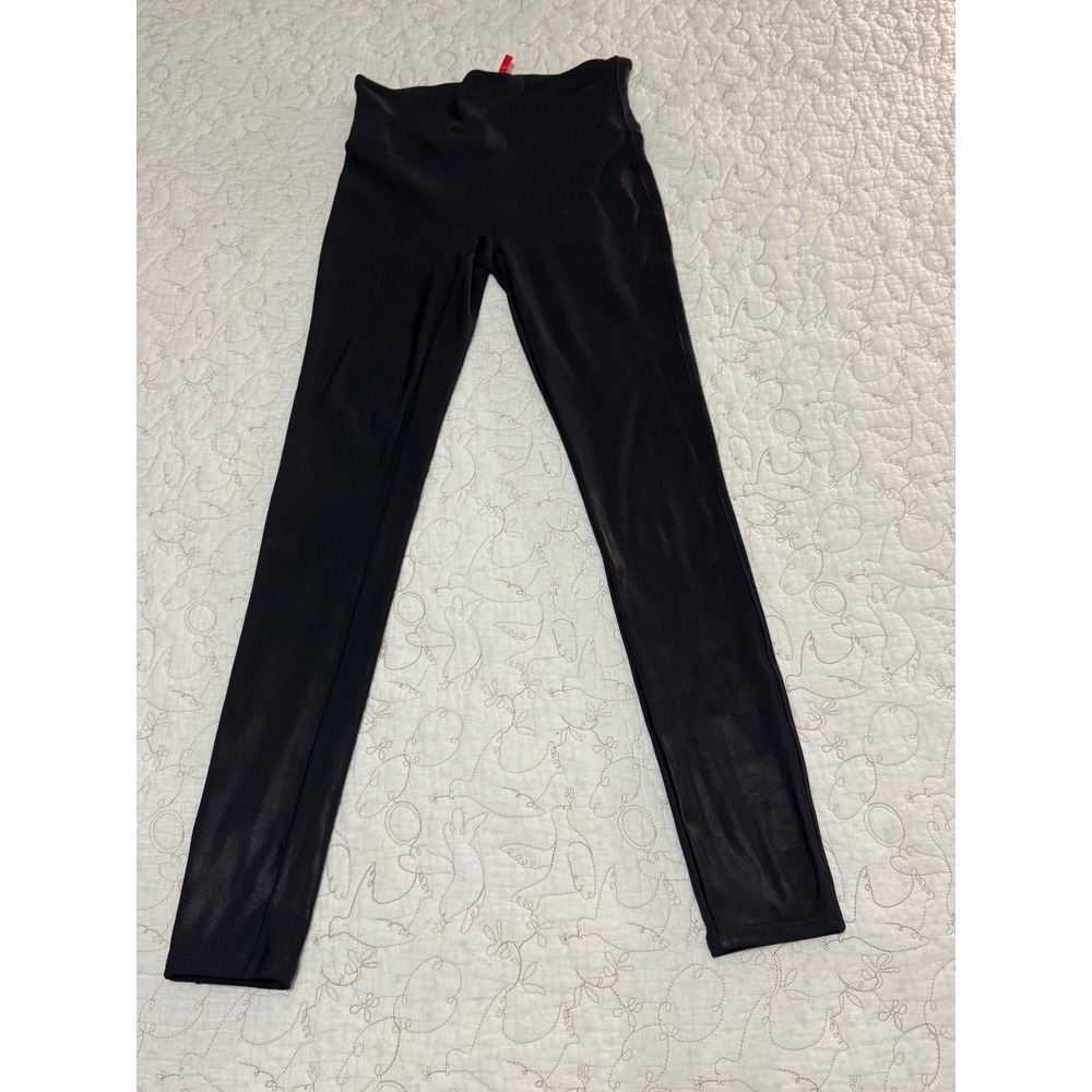 SPANX Faux Leather Leggings M Black Shiny Coated High Waist Ankle Leggings